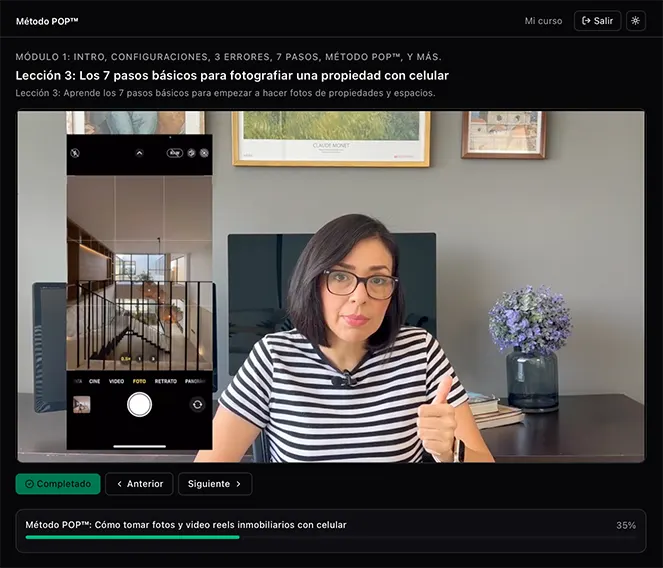 Vista del curso: video de la lección con la instructora