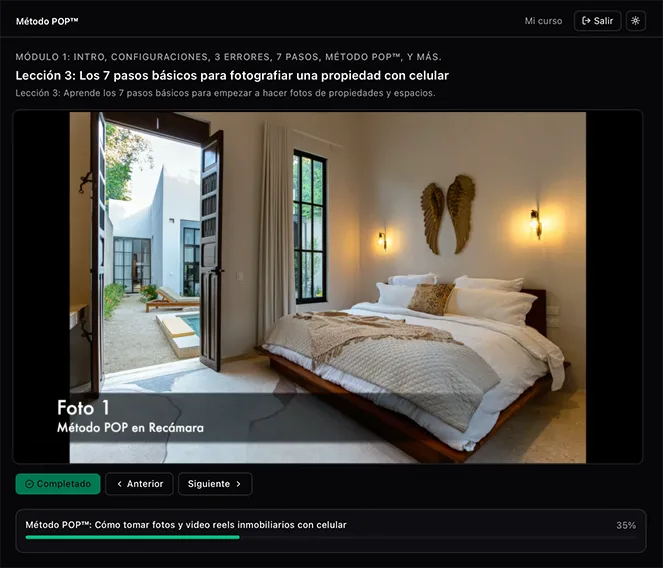 Vista del curso: lección con foto de recámara en el reproductor